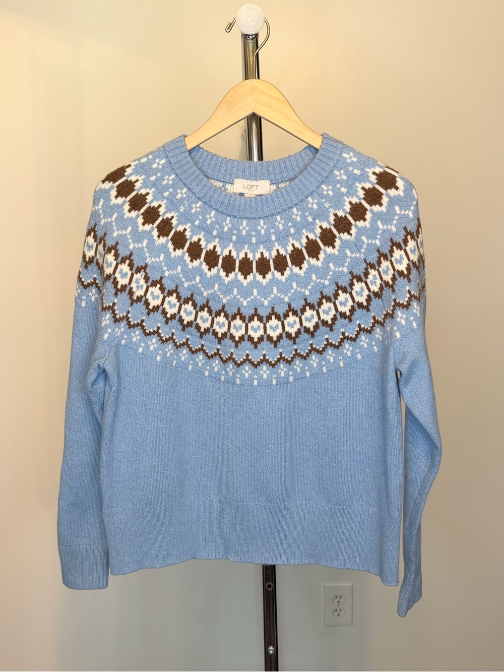 NEW LOFT Fair Isle Crewneck Sweater Sky Blue White Brown Women’s Size S - Picture 2 of 8